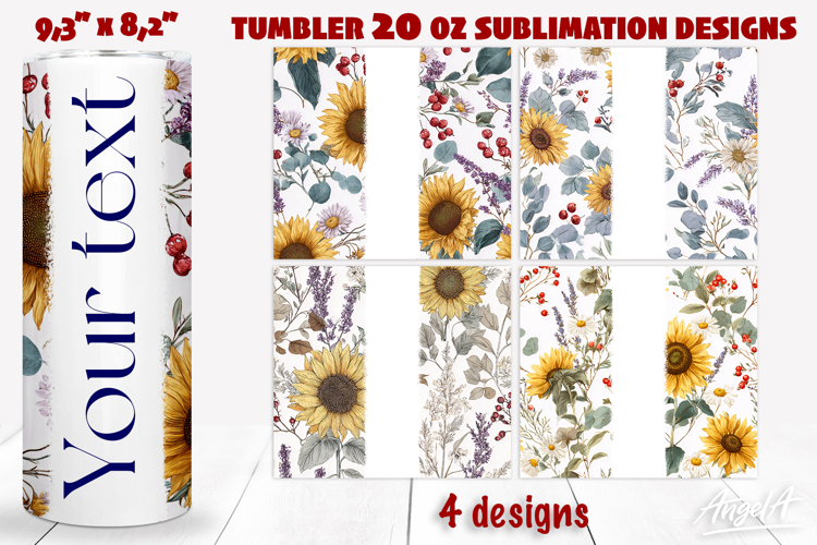Floral 20 oz tumbler wrap add name Sunflower tumbler design
