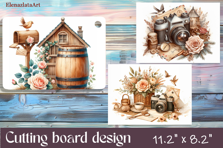 Cutting board design with retro farm. Meadow wildflowers