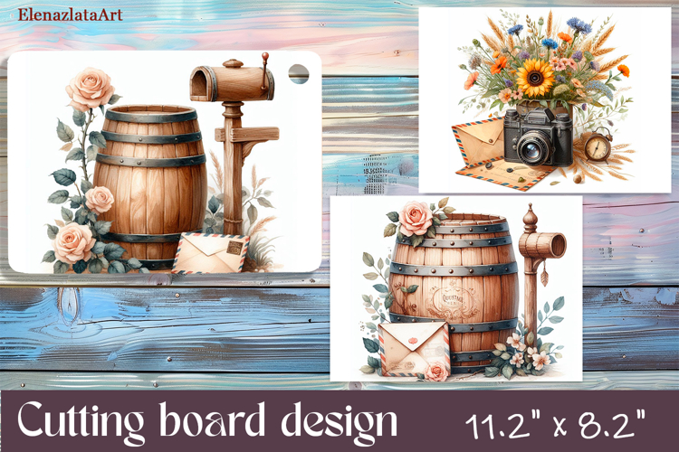 Cutting board design with retro farm. Meadow wildflowers