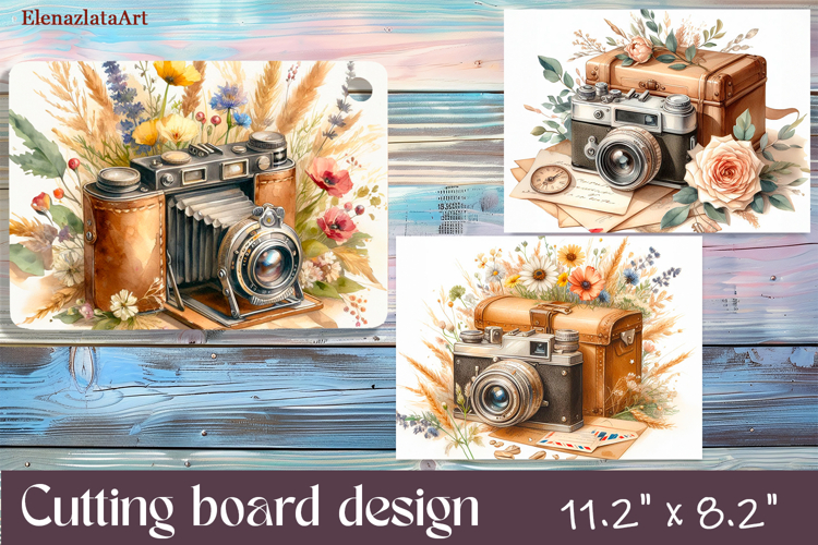 Cutting board design with retro camera. Meadow wildflowers