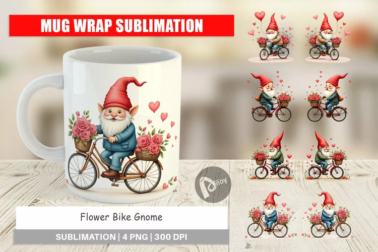Mug Wrap Design Flower Bike Gnome