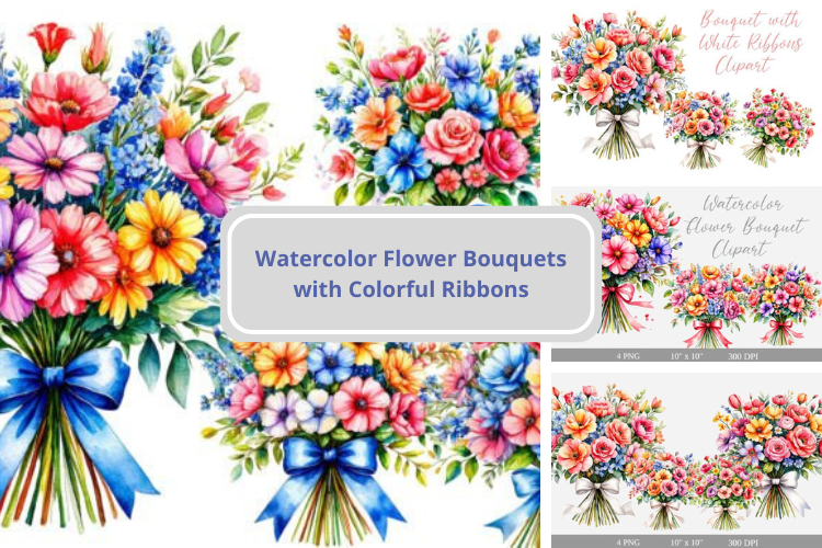 Watercolor Bouquet Clipart with Ribbons 12 PNG