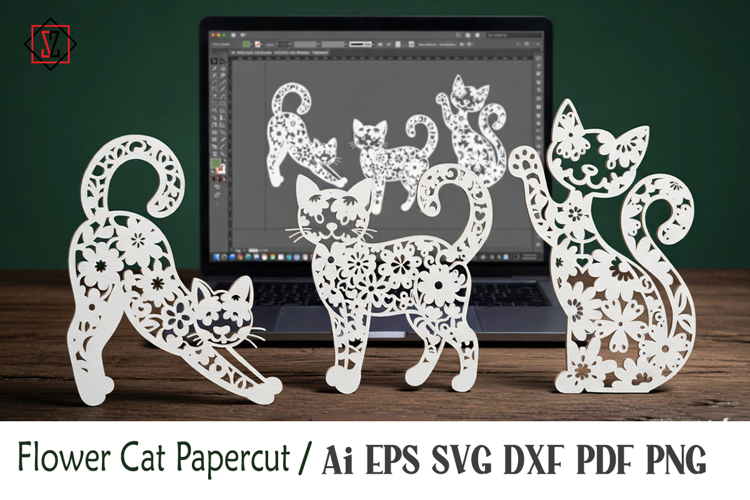 Flower Cat Papercut /3 kitten poses in silhouettes/SVG