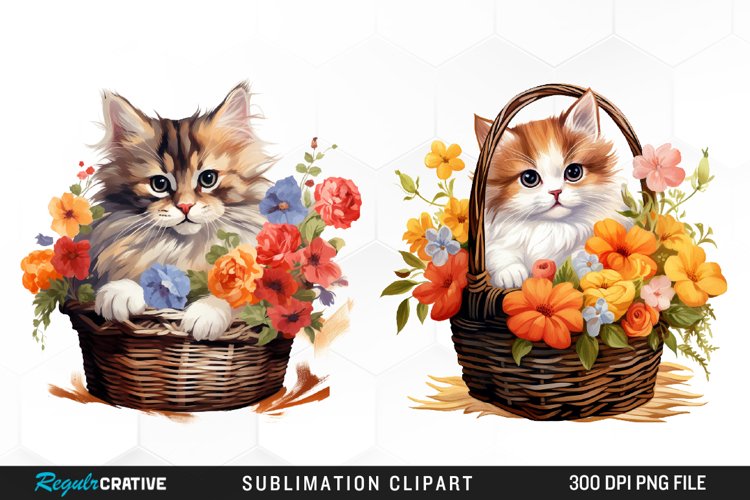 Watercolor Flower Cats PNG Set Clipart