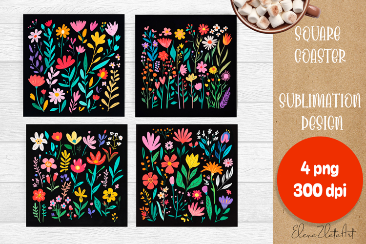 Flower coaster Sublimation Square coaster design Watercolor