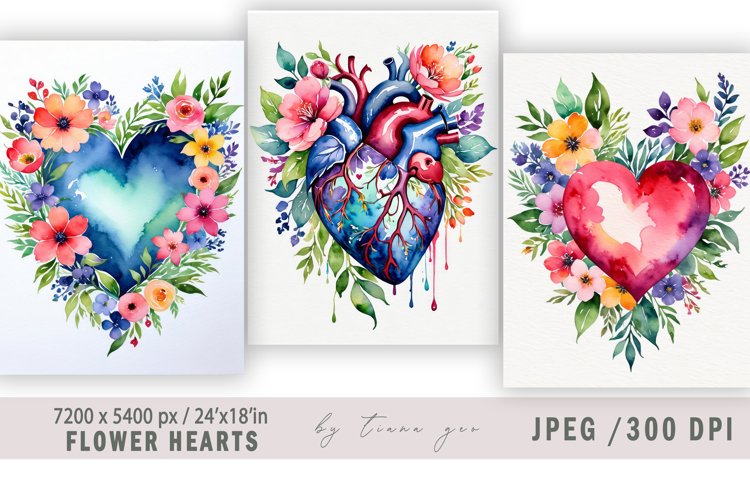 Watercolor flower heart illustrations for prints- 3 Jpeg example image 1