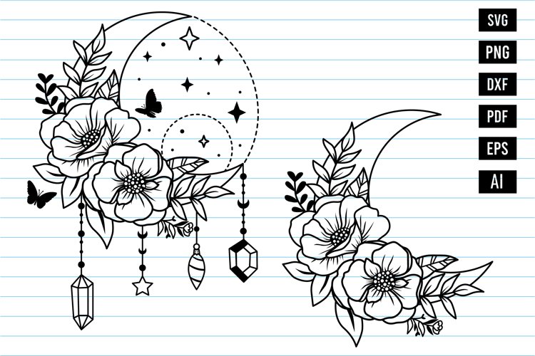 Flower Svg Bundle, Flower Moon Crescent Svg, Celestial Moon.