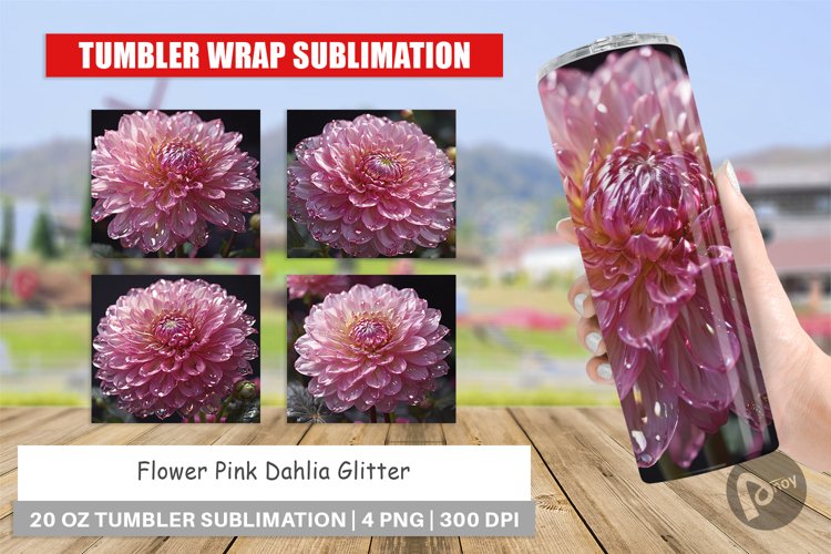 Tumbler Wrap Flower Pink Dahlia Glitter