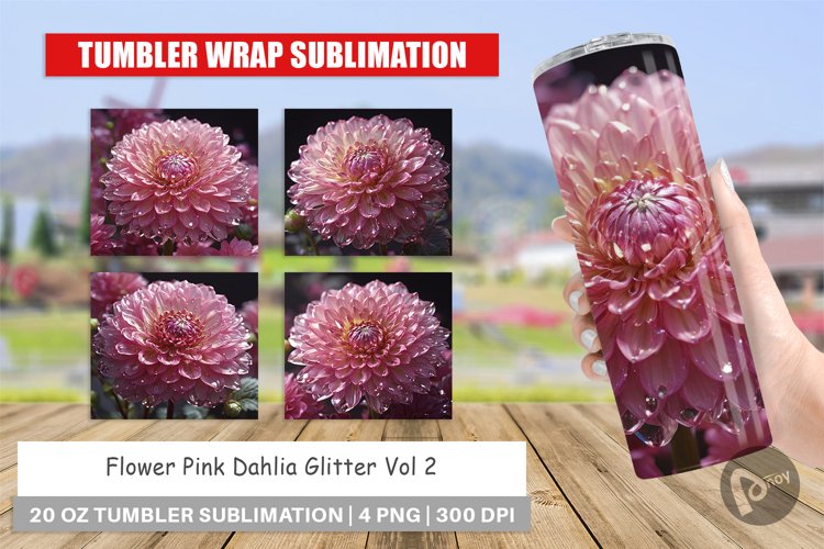 Tumbler Wrap Flower Pink Dahlia Glitter