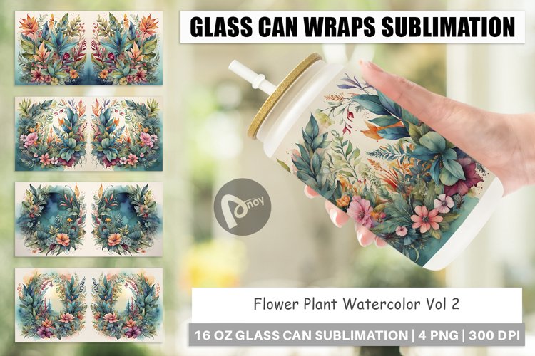 Glass Can Wraps Flower Plant Watercolor
