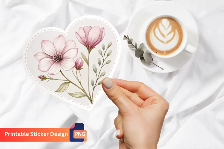 Flower printable Valentines Heart Sticker, Heart Sticker