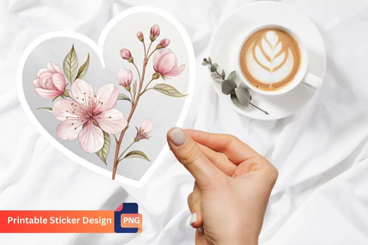 Flower printable Valentines Heart Sticker, Heart Sticker