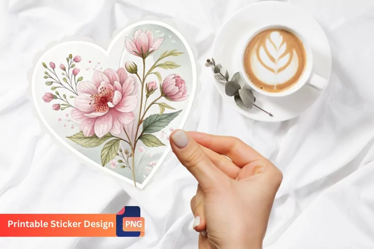 Flower printable Valentines Heart Sticker, Heart Sticker