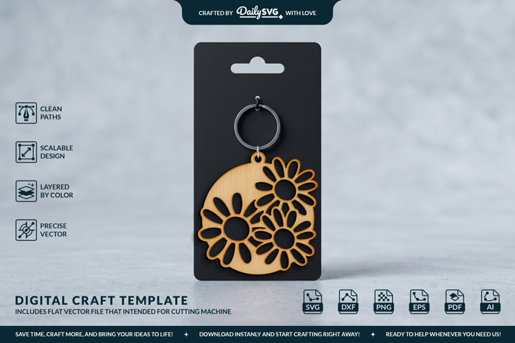 Flower Round Keychain Laser Cut SVG