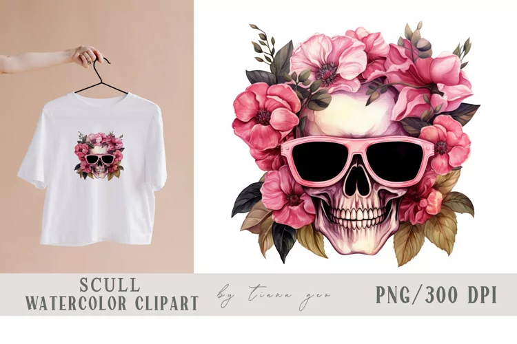 Cute Halloween floral skull with sun glasses clipart- 1 png