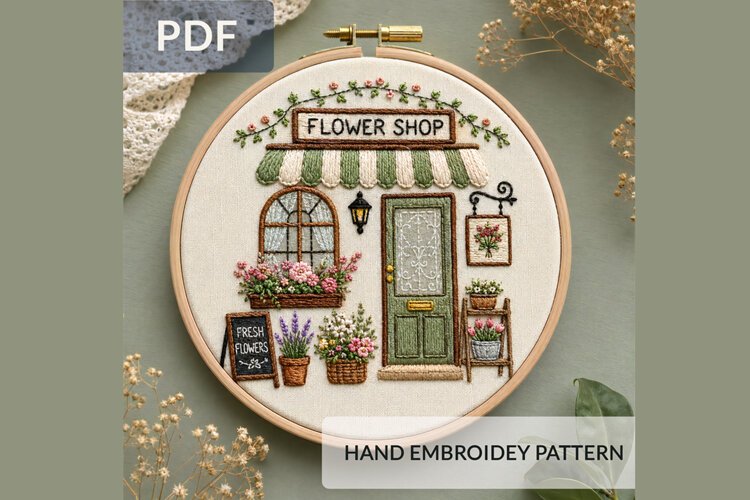 Flower Shop Embroidery Pattern PDF, Cottagecore Storefront example image 1