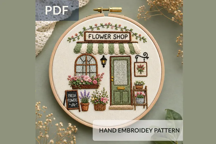 Flower Shop Embroidery Pattern PDF, Cottagecore Storefront