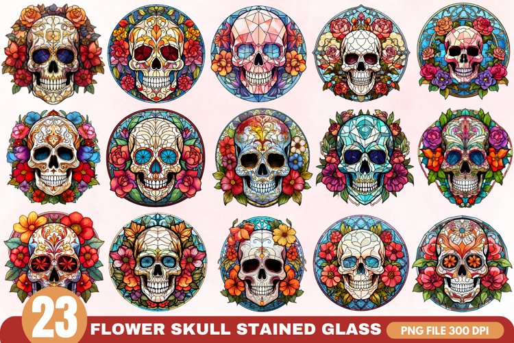 Flower Skull Stained Glass Sublimation Clipart Bundle - 23