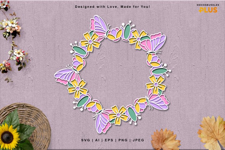 Colorful Flowers and Butterflies Wreath 3D Layered Papercut