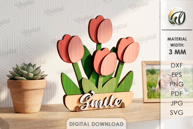 3D Flower Stand Laser Cut. Home Decor. Tulips SVG. Smile