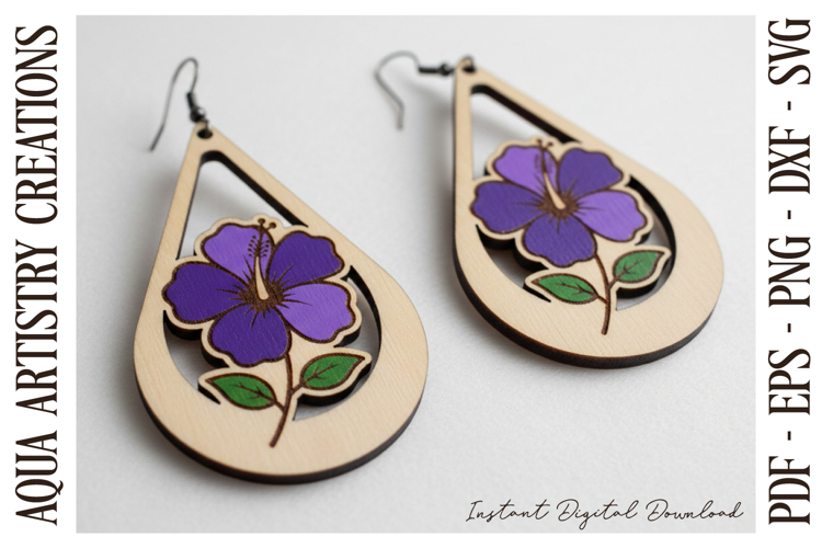 Hibiscus Teardrop Earring, Engrave and Cut Laser cut, SVG