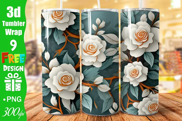 3D Roses Floral Seamless 20 oz Skinny Tumbler Sublimation