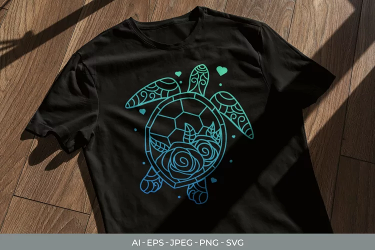 Sea Turtle and Rose in Blue Green Color Gradient Sublimation