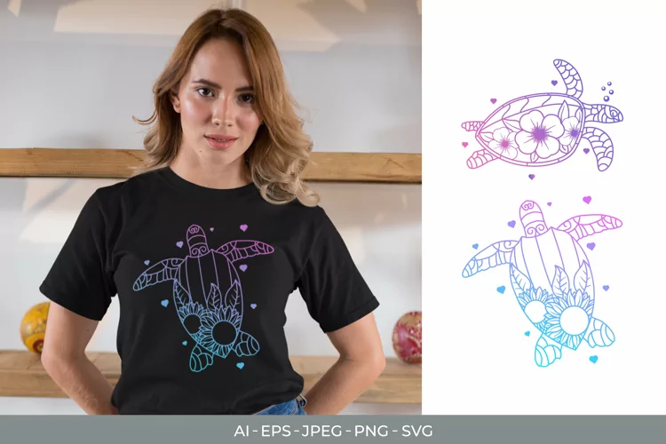 Sea Turtle with Big Flowers, Color Gradient Sublimation Set
