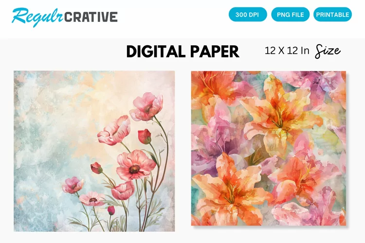 Watercolor Flower Digital Paper, Flower Background