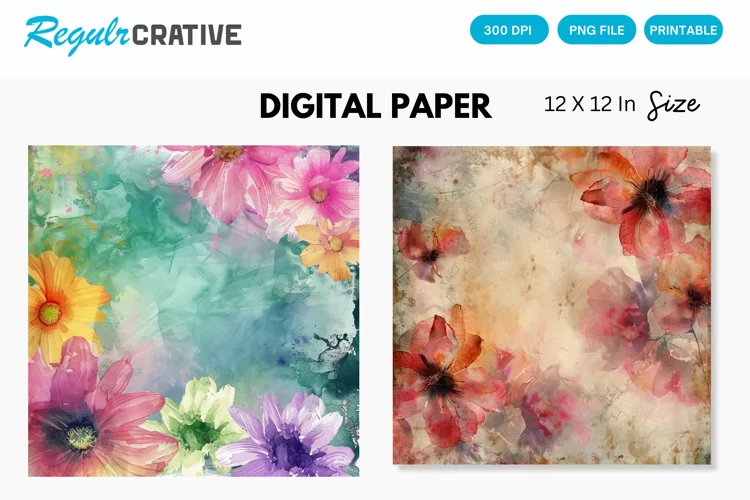 Watercolor Flower Digital Paper, Flower Background