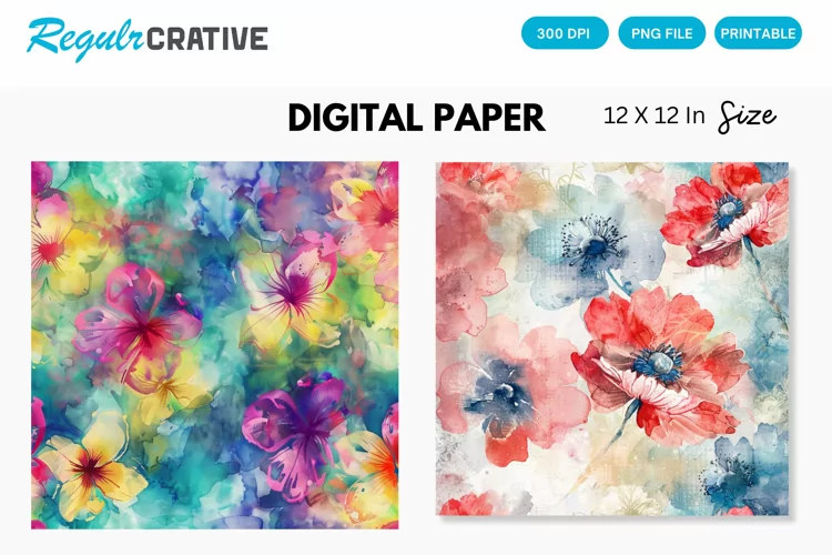 Watercolor Flower Digital Paper, Flower Background