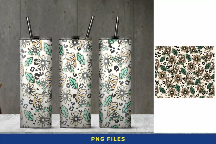 Coffee Cup & Flower on Leopard Print 20 oz Seamless Tumbler