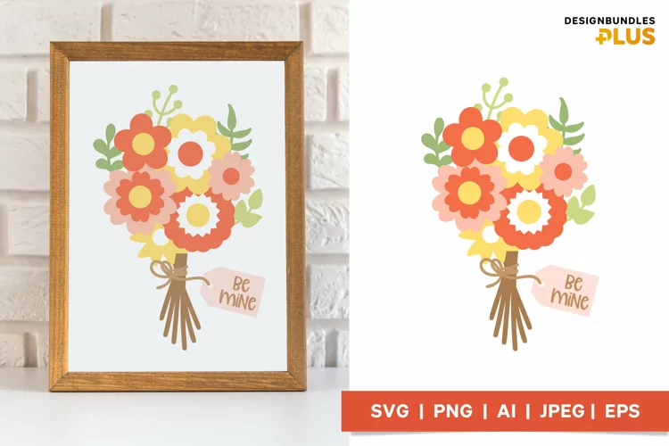 Flower Bouquet with Be Mine Message Card Illustration