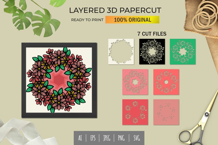 Lovely Spring Flowers Wreath, 3D Shadowbox Layered Papercut