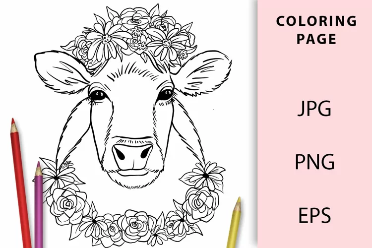 Fun Cow with Flowers Coloring Page