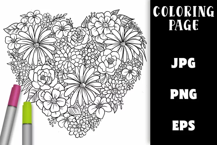 Flower Heart Coloring - Pretty Florals Colouring Page