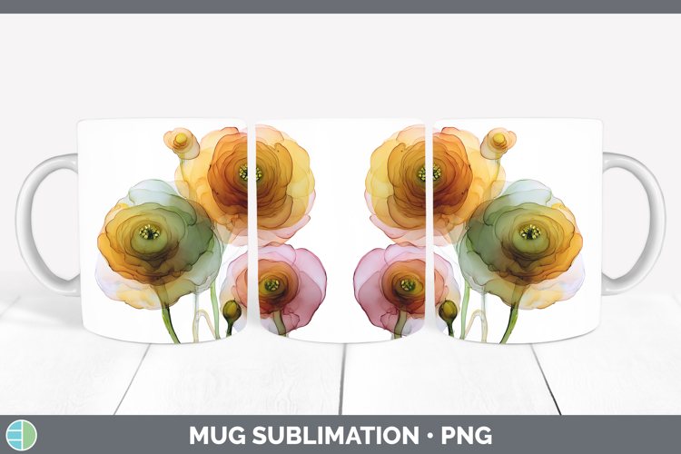 Ranunculus Flowers 01 Alcohol Ink Mug Wrap Sublimation Desig