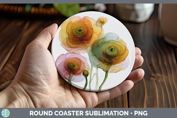 Ranunculus Flowers 01 Alcohol Ink Round Coaster Sublimation