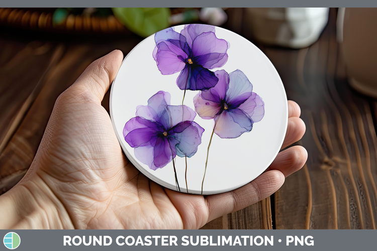 Violet Flowers 01 Alcohol Ink Round Coaster Sublimation Desi