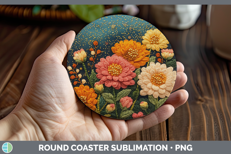 Flowers 01 Embroider Chrysanthemum Round Coaster Sublimation