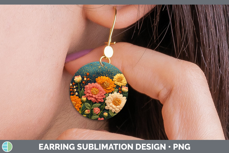 Flowers 01 Embroider Chrysanthemum Round Earrings Sublimatio