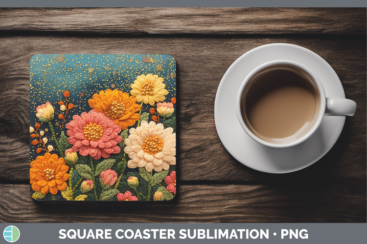 Flowers 01 Embroider Chrysanthemum Square Coaster Sublimatio