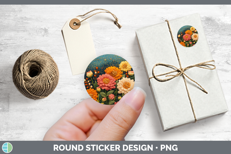 Flowers 01 Embroider Chrysanthemum Stickers | Round Labels D