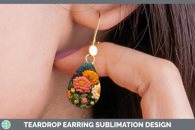 Flowers 01 Embroider Chrysanthemum Teardrop Earrings Sublima