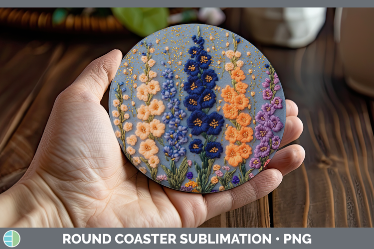 Flowers 01 Embroider Delphinium Round Coaster Sublimation Co