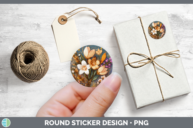 Flowers 01 Embroider Freesia Stickers | Round Labels Designs
