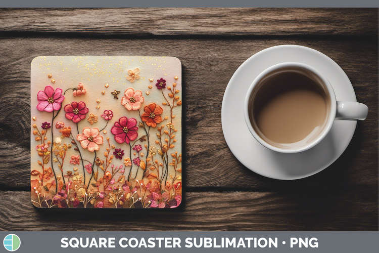 Flowers 01 Embroider Geranium Square Coaster Sublimation Coa