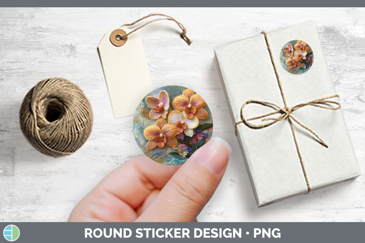 Flowers 01 Embroider Orchid Stickers | Round Labels Designs