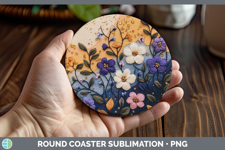 Flowers 01 Embroider Periwinkle Round Coaster Sublimation Co