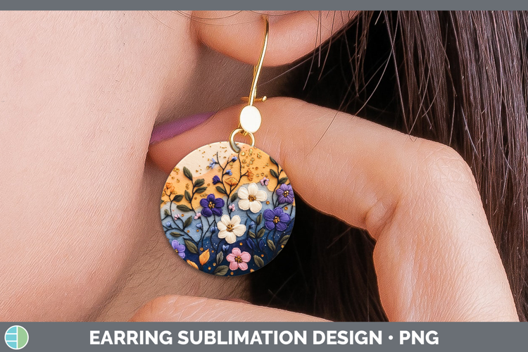 Flowers 01 Embroider Periwinkle Round Earrings Sublimation E